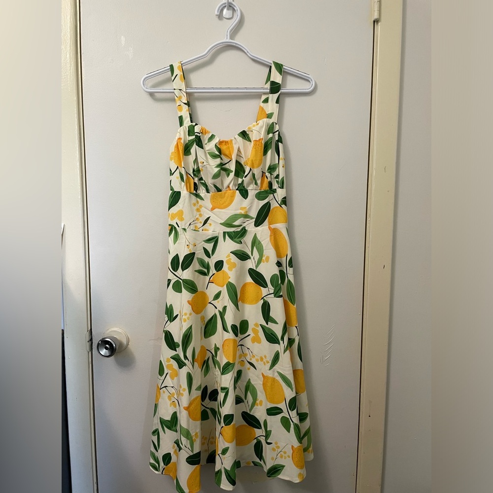 Cream Lemon-Print Midi Sundress with Green Leaves